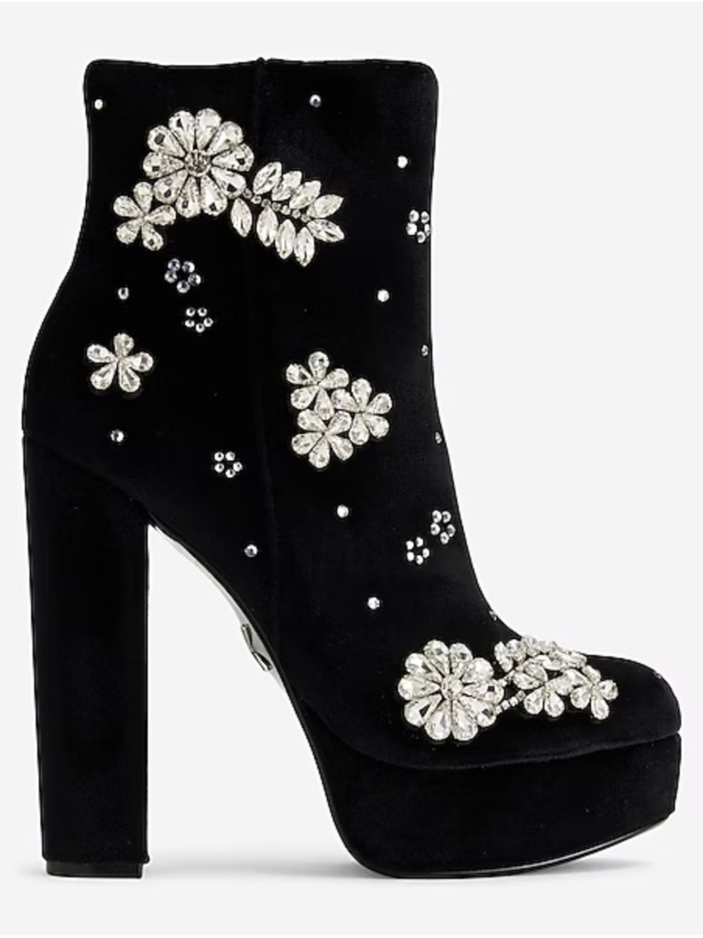 Express Black Velvet Crystal Floral Platform Ankle Boots